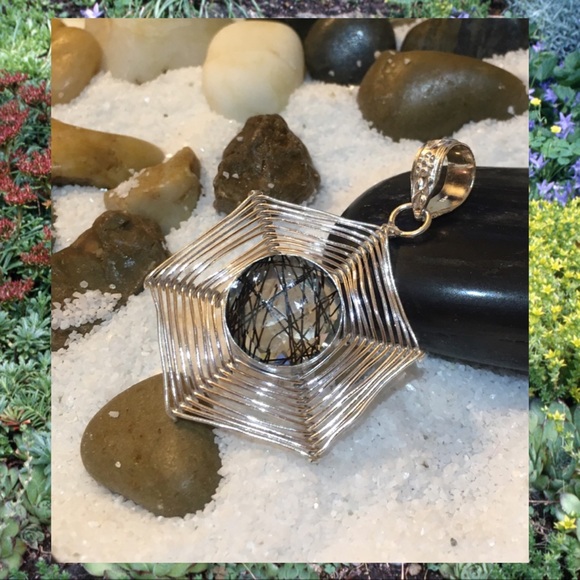 Cool Black Rutilated Quartz Handmade Halo Pendant - Picture 2 of 5